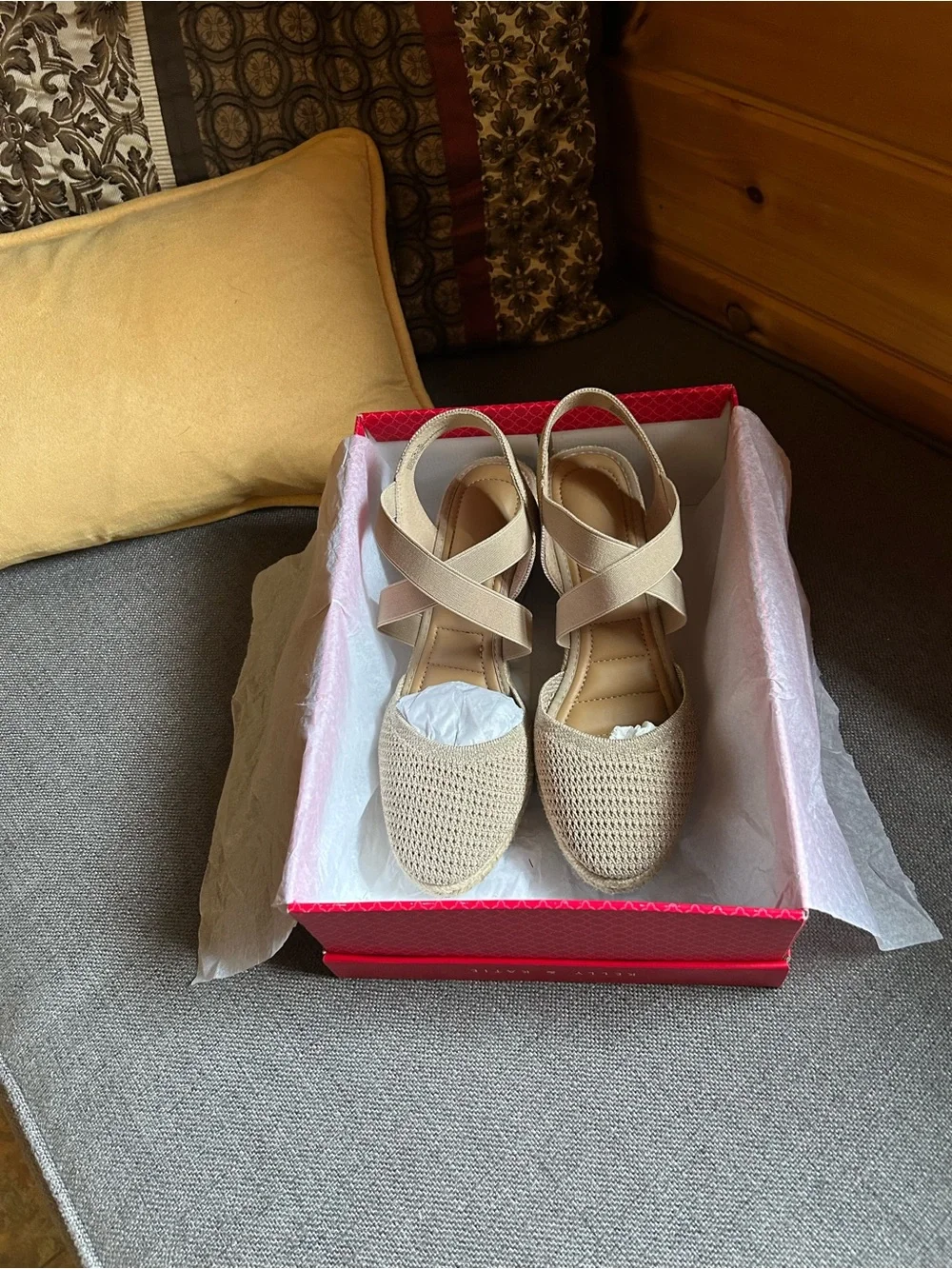 Kelly & Katie Beige Woven Slingback Wedge Sandals